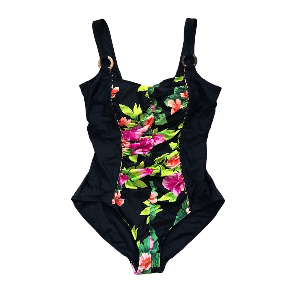 Swim by Chuck Handy Bright Floral Ruched Flattering One Piece Swimsuit Tropical